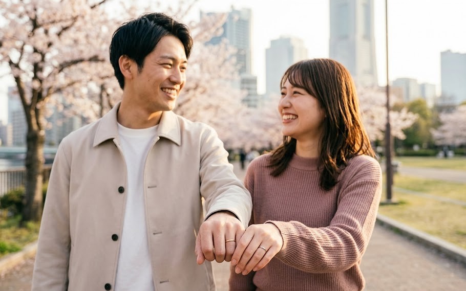 桜並木を笑顔で歩く日本人カップル。繋いだ手にはシンプルなペアリングが光り、2人の絆と幸せを象徴している