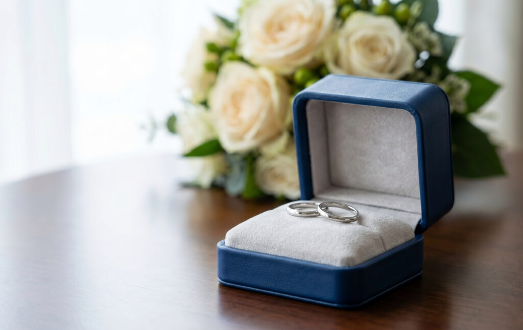 上質なジュエリーボックスに収められた、プラチナ製のシンプルなペアリング。30代カップルにふさわしい、落ち着いた品質の良さを感じさせる