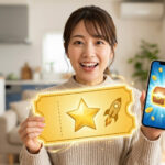 日本の女性がスマートフォンと、キラキラと輝く金のクーポン券を両手に持ち、驚きと喜びの表情で画面を見つめている。彼女の周りには、寿司、ラーメン、カツ丼、天ぷらなど、さまざまな美味しそうな日本の料理がダイナミックに浮き上がっており、お得な特典で多様なグルメが楽しめることを表現している。背景は暖かく、洗練された日本の家庭の食卓