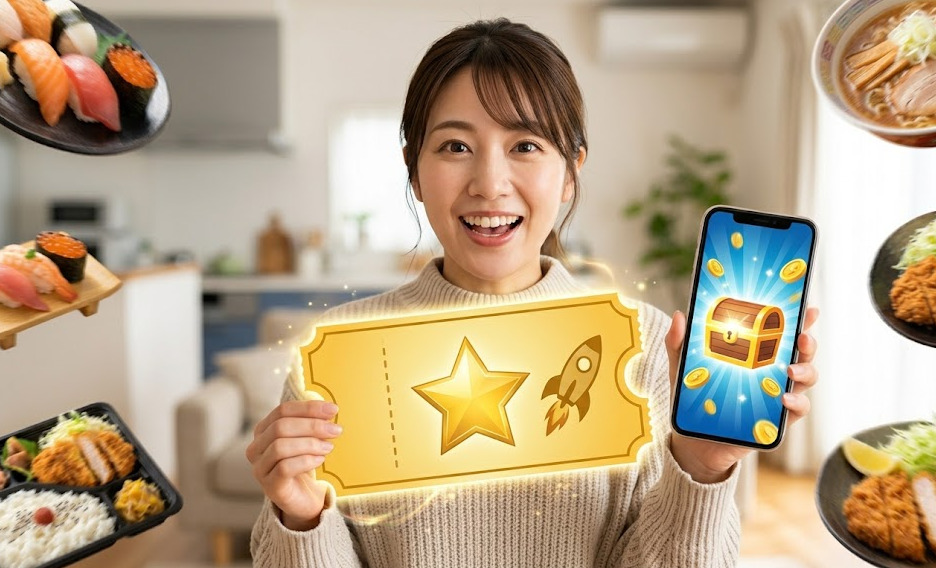 日本の女性がスマートフォンと、キラキラと輝く金のクーポン券を両手に持ち、驚きと喜びの表情で画面を見つめている。彼女の周りには、寿司、ラーメン、カツ丼、天ぷらなど、さまざまな美味しそうな日本の料理がダイナミックに浮き上がっており、お得な特典で多様なグルメが楽しめることを表現している。背景は暖かく、洗練された日本の家庭の食卓