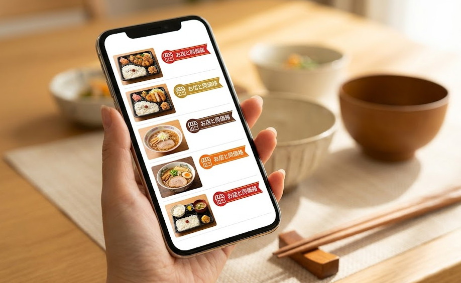 スマートフォンを操作する日本の女性。フードデリバリーアプリの画面には、「お店と同価格」を意味するアイコンが付いた美味しそうな和食メニューのリストが表示されている