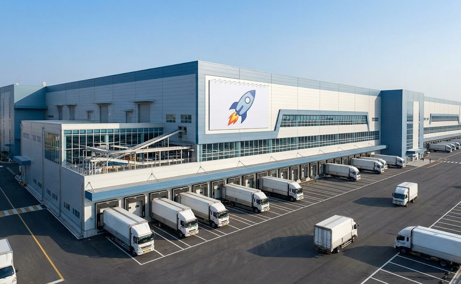 韓国に位置する巨大な「クーパン」物流センターの全景。数多くのトラックが並び、最先端の自動化設備が見える。運営母体の圧倒的な規模とスピード感を象徴する光景