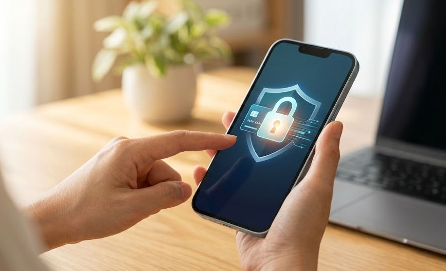 スマートフォンでクレジットカード決済を行う日本の女性の手元。画面には大きな鍵のアイコンと盾のマークが表示され、通信が最新技術で暗号化されていることを視覚的に伝えている