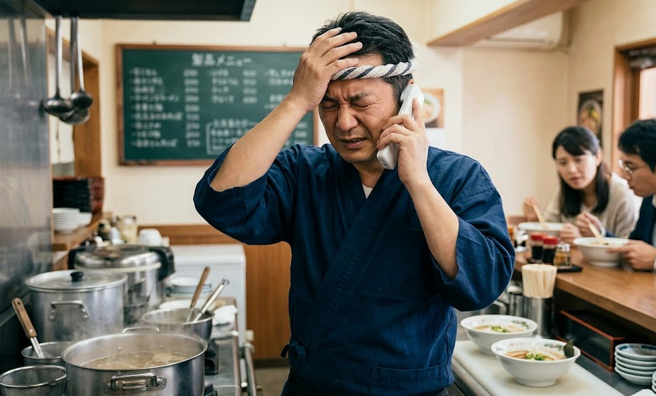 忙しいランチタイムに営業電話がかかってき、困惑とストレスを隠せない表情の日本のラーメン店店主。厨房の熱気の中で、手を止めて電話に出ている
