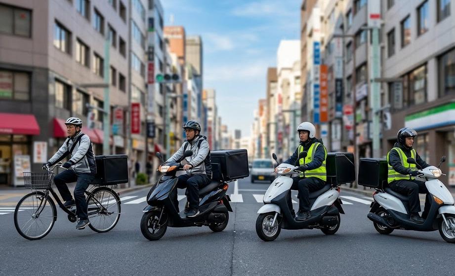 日本の主要都市の街角。ロケットナウや他社のロゴ入りバッグを背負った、多様な国籍の配達員たちが自転車やバイクで軽快に走り抜ける。サービスエリアが急速に全国へ拡大しているダイナミックな様子