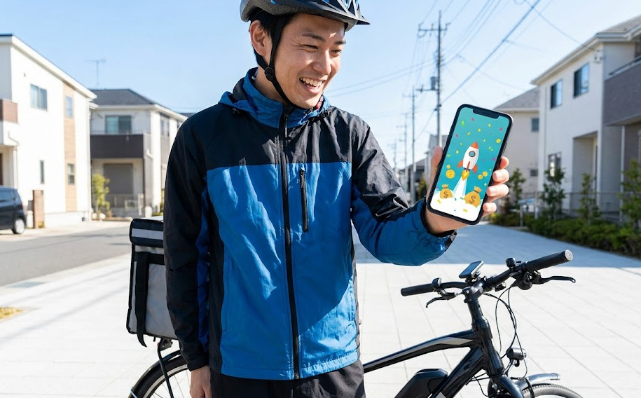 配達の合間にスマートフォンを確認し、ガッツポーズを決める日本の若い男性配達員。画面にはロケットのアイコンと金貨が舞う派手なグラフィックが表示され、高額ボーナスやミッション達成の喜びを伝えている