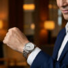 高級ビジネスホテルのラウンジで、ネイビーブルーのスーツを着用した日本人男性の腕元に光るロンジン・マスターコレクションのステンレススチール製時計。confidentな表情で時刻を確認する様子