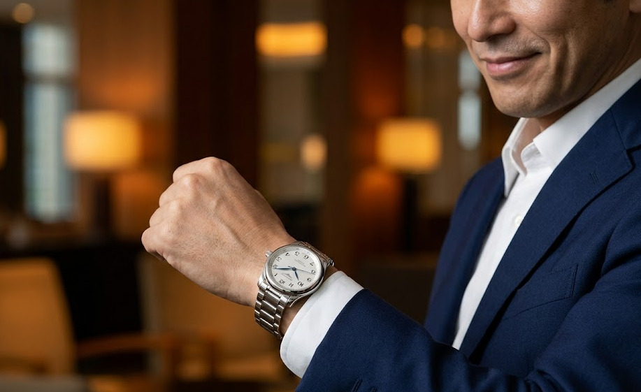高級ビジネスホテルのラウンジで、ネイビーブルーのスーツを着用した日本人男性の腕元に光るロンジン・マスターコレクションのステンレススチール製時計。confidentな表情で時刻を確認する様子