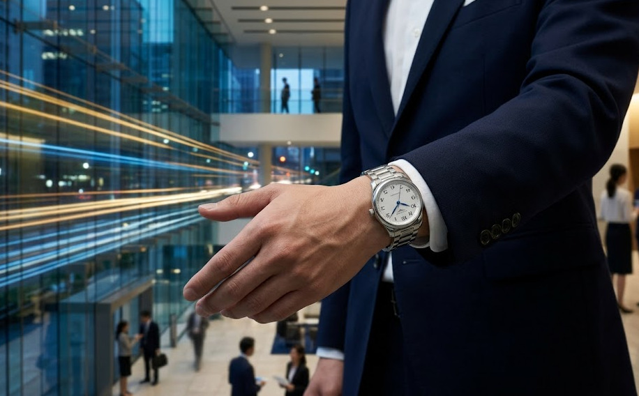 夕暮れの東京で開催された国際金融カンファレンスで、ネイビーのブレザーを着用した日本人ビジネスパーソンの腕元。ロンジン・マスターコレクションのステンレススチール製時計が、グローバルなビジネスシーンにおける信頼性を象徴する