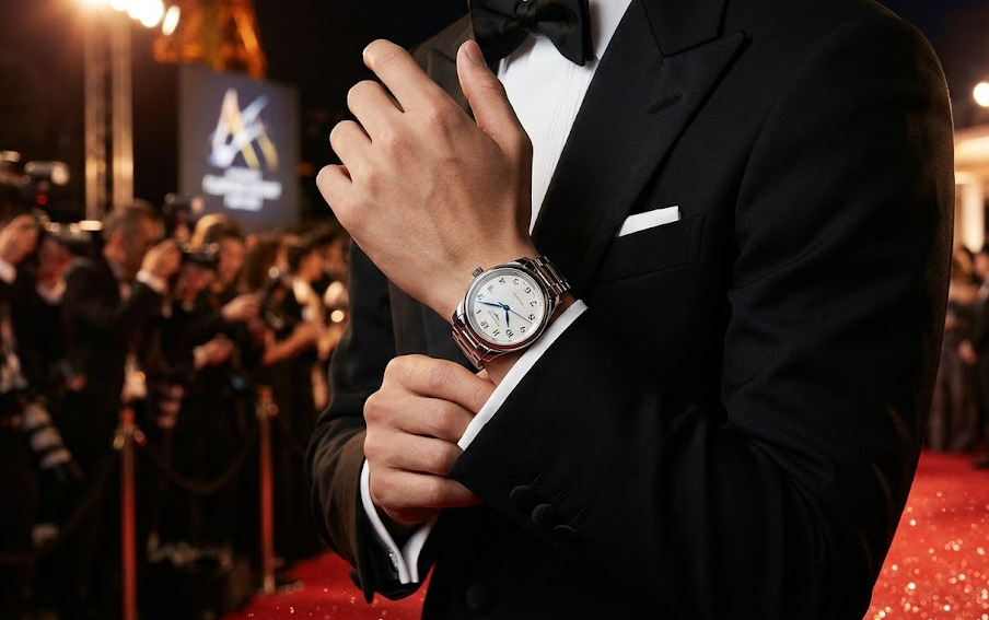 東京で開催された映画プレミアのレッドカーペットで、タキシードを着用した日本人俳優の腕元に光るロンジン・マスターコレクションのステンレススチール製時計。華やかなスポットライトを浴びながらポーズをとる様子