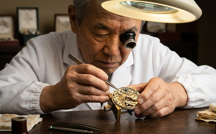 京都のヴィンテージ時計工房で、キズミ（ルーペ）を覗きながら、伝説的なロンジンのアンティーク・クロノグラフ・ムーブメント（13ZN）を慎重に修理・調整する熟練の日本人時計職人。職人技の真正性を伝える