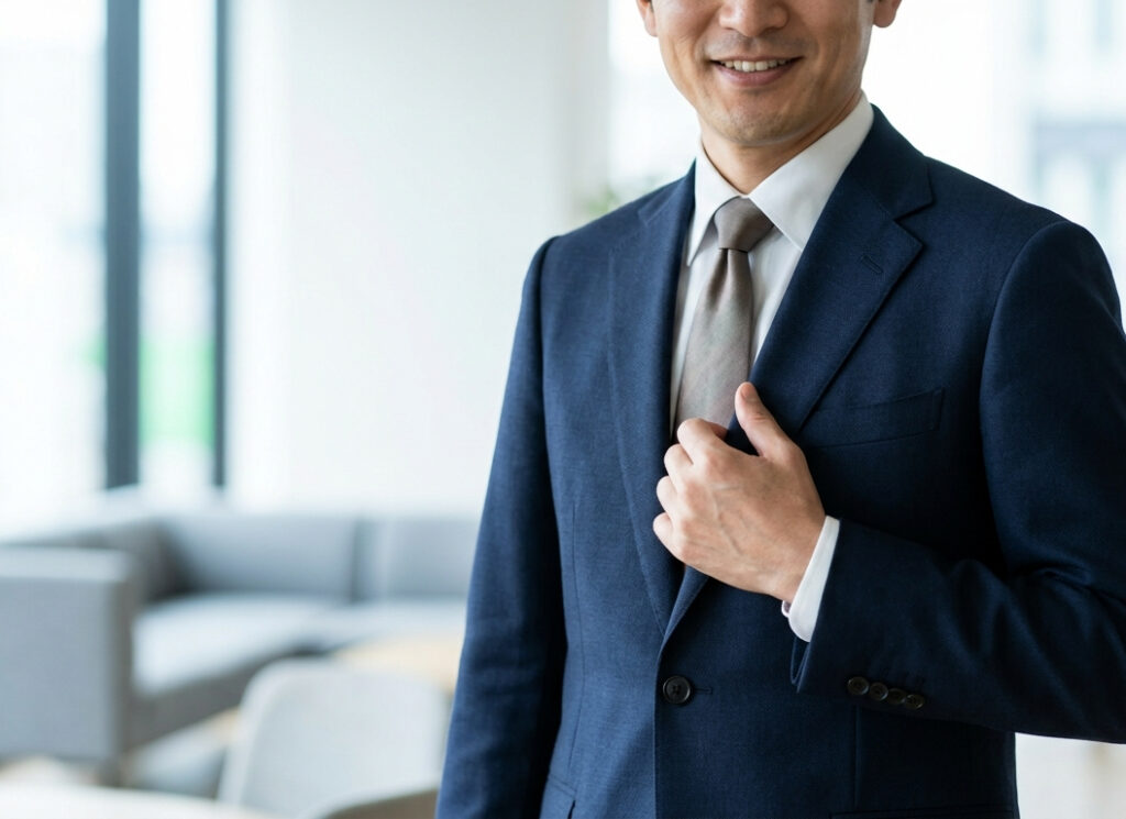 上質なネイビーのウールスーツのラペルに触れ、品質を確かめる日本人男性の手元