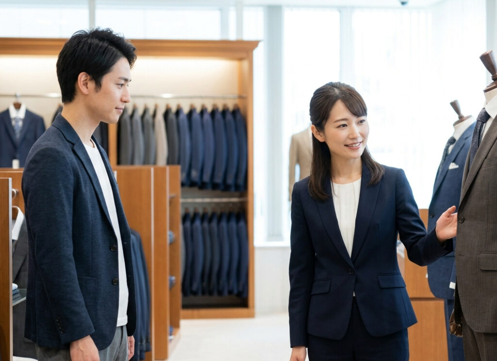 スーツ量販店の店内で、笑顔で適度な距離を保ちながら接客する日本人女性店員と、スーツを選ぶ男性客