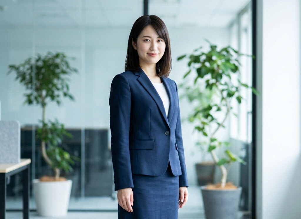 オフィスで自信を持って上質なネイビースーツを着こなす日本人女性