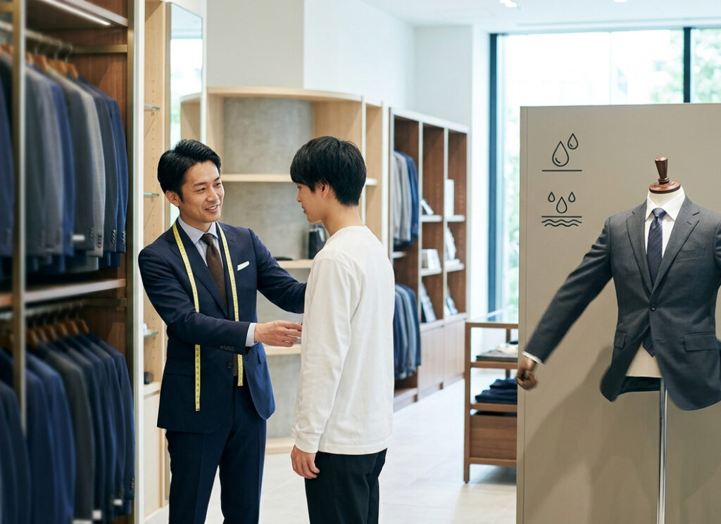 豊富な品揃えとフィッティングを重視するコーナー（左）と、機能性を重視するコーナー（右）が並ぶスーツ店舗の様子