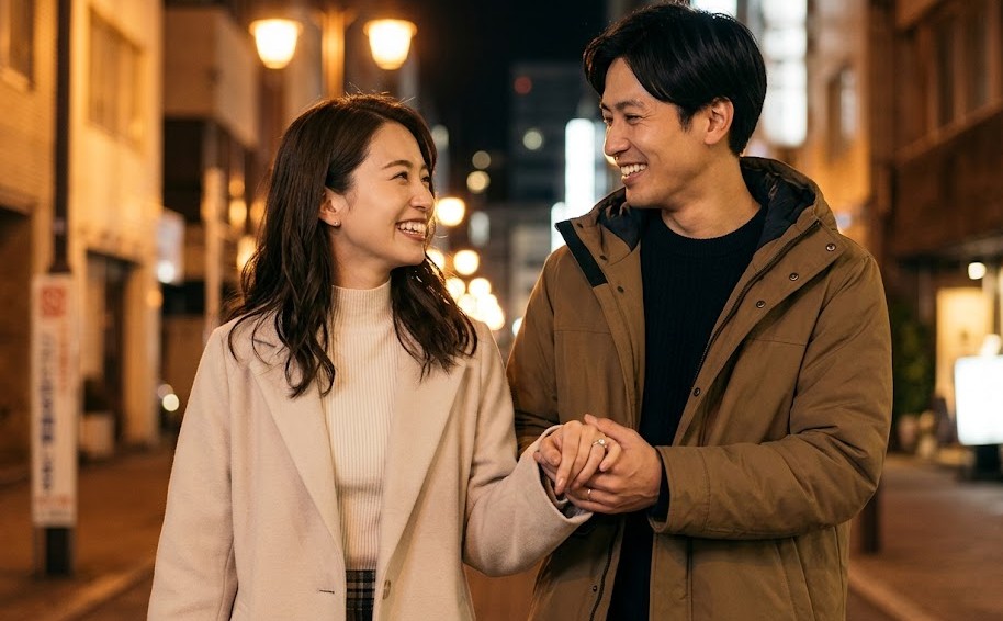 東京の夜景をバックに、婚約指輪を光らせて手をつなぎ、笑顔で歩く日本人のカップル。周囲の目を気にせず、自分たちの幸せを確信する自信に満ちた表情。