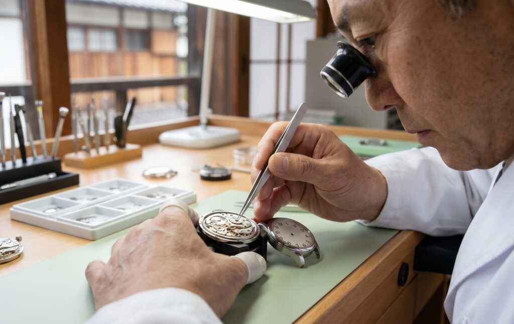 京都の自社工房で、熟練した日本人の時計職人が、細部までこだわって作られたKUOEの時計のムーブメントを、ルーペ（キズミ）を使って丁寧に組み立てている様子
