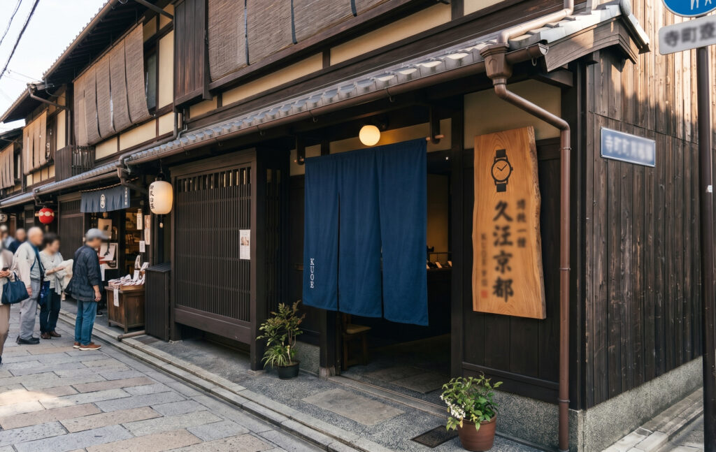京都の寺町京極商店街にある、暖簾と木の看板が印象的な「KUOE KYOTO 本店」の外観。落ち着いた和の風情と、実店舗での体験を想起させる