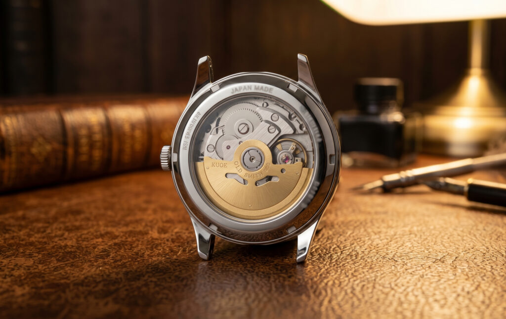 クラシックな書斎のデスクで、KUOEの自動巻きモデル（OLD SMITH 90-007）の裏スケルトンから見える、複雑に動く日本製の自動巻きムーブメント。機械式時計の機能美と魅力