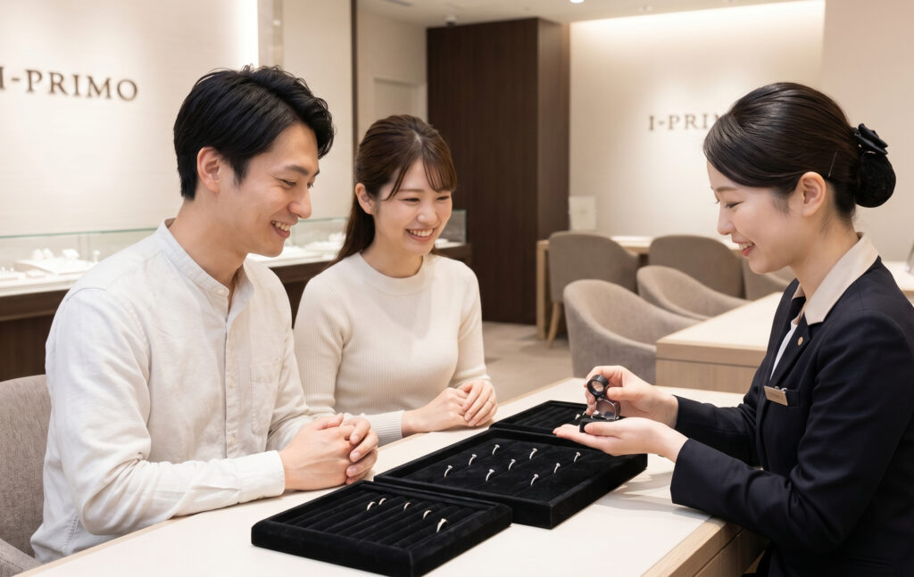 日本のアイプリモ店舗で、笑顔でスタッフの説明を聞きながら婚約指輪を選ぶ日本人カップル。清潔感のある落ち着いた店内の様子。