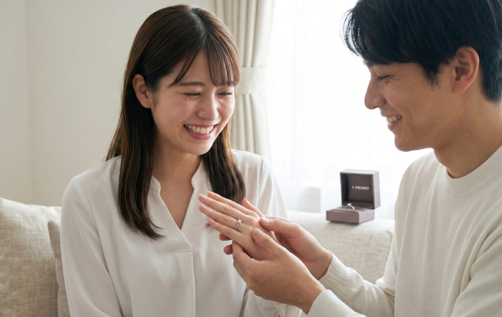 自宅でアイプリモの婚約指輪を手に取り、幸せいっぱいの笑顔を浮かべる日本人の女性と男性。満足感と喜びが伝わる瞬間。