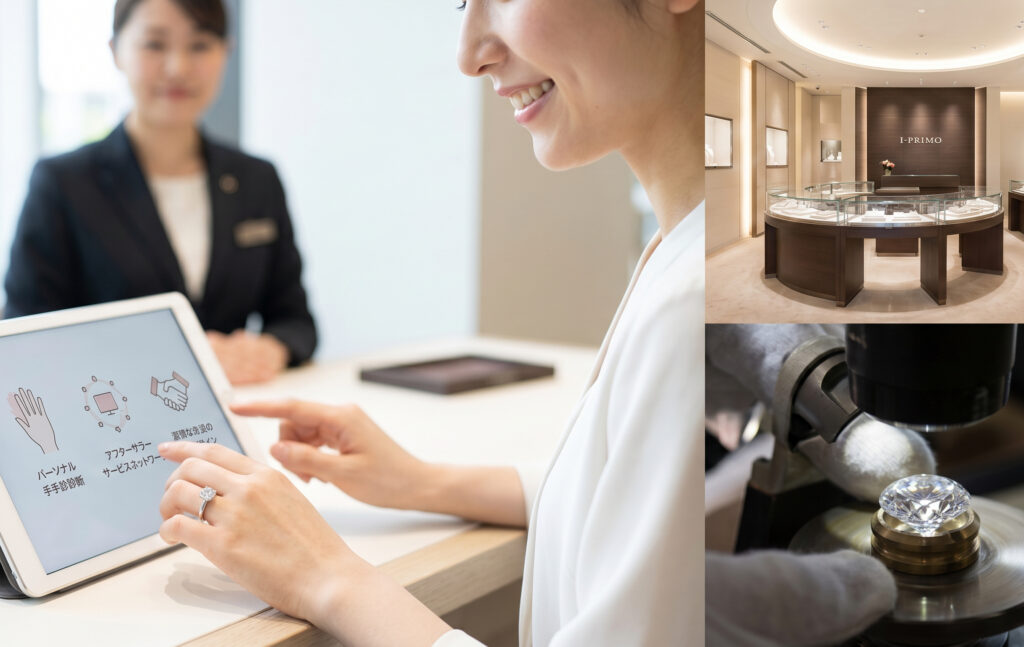 タブレットでアフターサービスやパーソナル診断の情報を見る日本人女性。アイプリモの論理的なサービスと利便性を表現し、伝統的なクラフトマンシップ（背景）と比較