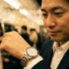 通勤電車内で自らのシチズン時計（エコ・ドライブ）を愛おしそうに見つめる、30代の日本人男性ビジネスマン。