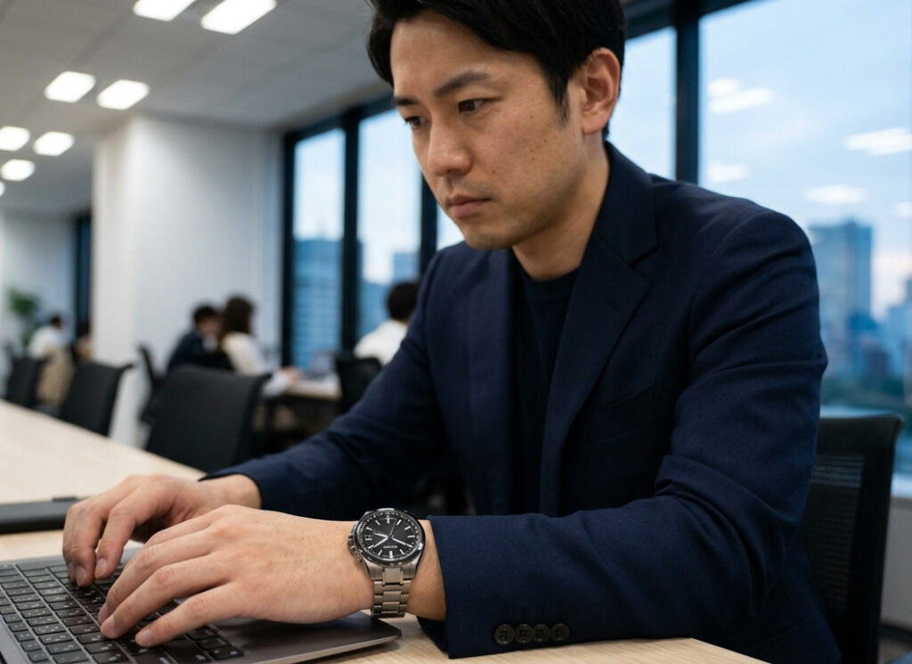 現代的な東京のオフィスで、デスクワークに集中する30代の日本人ビジネスマンの腕元に光る、シチズン アテッサ（チタン製 電波時計）