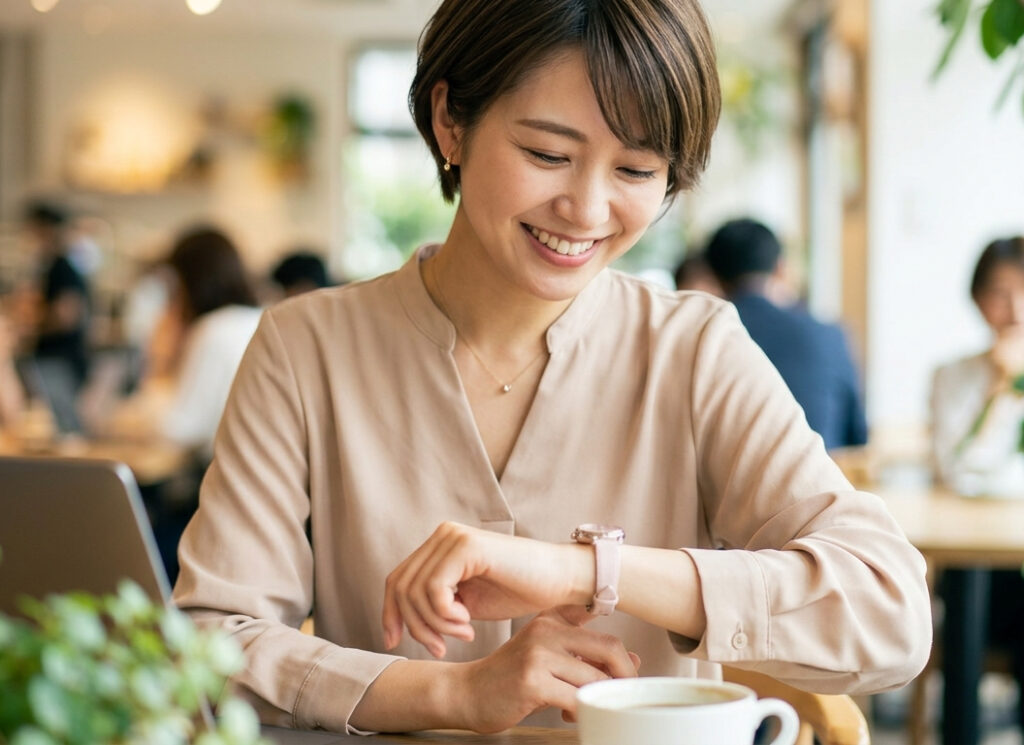 東京のカフェで友人と過ごす、20代半ばの日本人女性の腕元を華やかに彩るシチズン クロスシー（サクラピンク）。