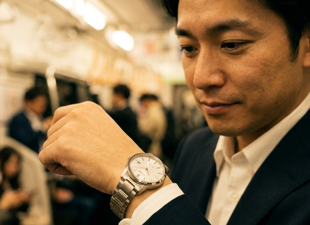 通勤電車内で自らのシチズン時計（エコ・ドライブ）を愛おしそうに見つめる、30代の日本人男性ビジネスマン。