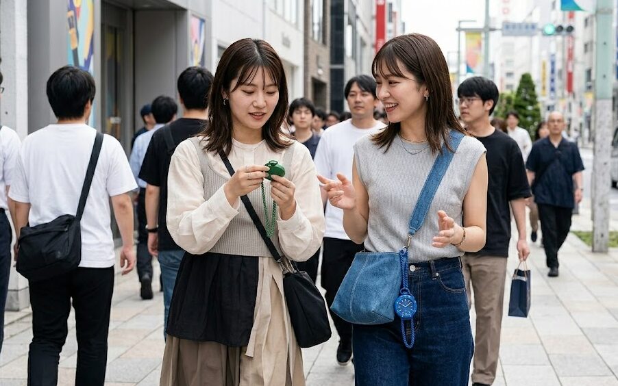 東京・銀座の歩行者天国で、バッグに「ロイヤルポップ」の青と緑のモデルをアクセサリーとして付け、笑顔で歩く日本人女性二人組。新しいファッションアイテムとしての可能性を示唆している。