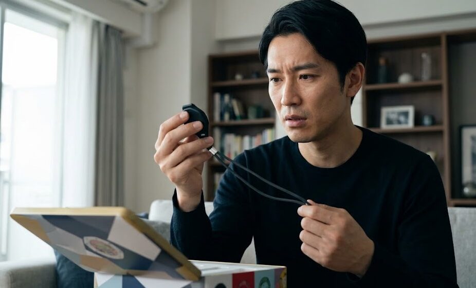 自宅のリビングで「ロイヤルポップ」の箱を開けた日本人男性が、中に入っていたのが腕時計ではなく、首から下げる紐（ランヤード）付きの懐中時計であることを知り、少し戸惑った表情を見せる瞬間。