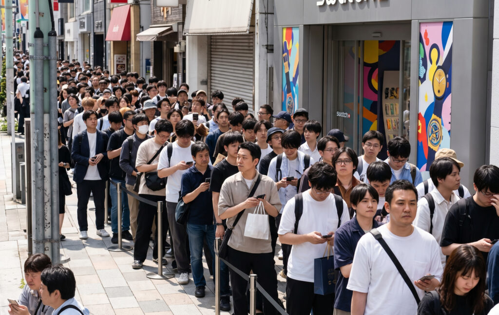 東京・銀座のスウォッチストア前に形成された、スウォッチ×オーデマピゲのコラボ時計「ロイヤルポップ」を求める長蛇の列。並ぶ人々は皆アジア人で、期待と熱気に満ちた表情を浮かべている。
