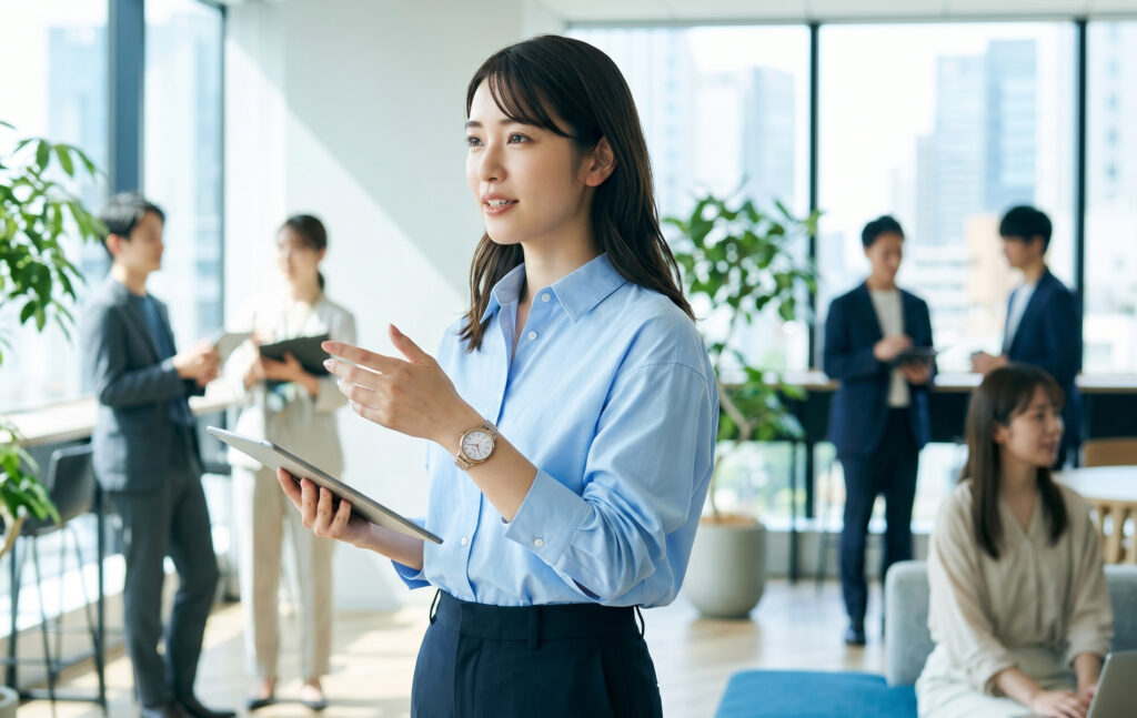 活気のあるオフィスで働く20代後半の日本人女性。水色のシャツを着用し、腕元にはチタン製の軽量なセイコールキア（ソーラー電波時計）が光っている。彼女はタブレットを持ち、同僚と笑顔で打ち合わせをしており、忙しい日常を支える機能性の高さを表現している。