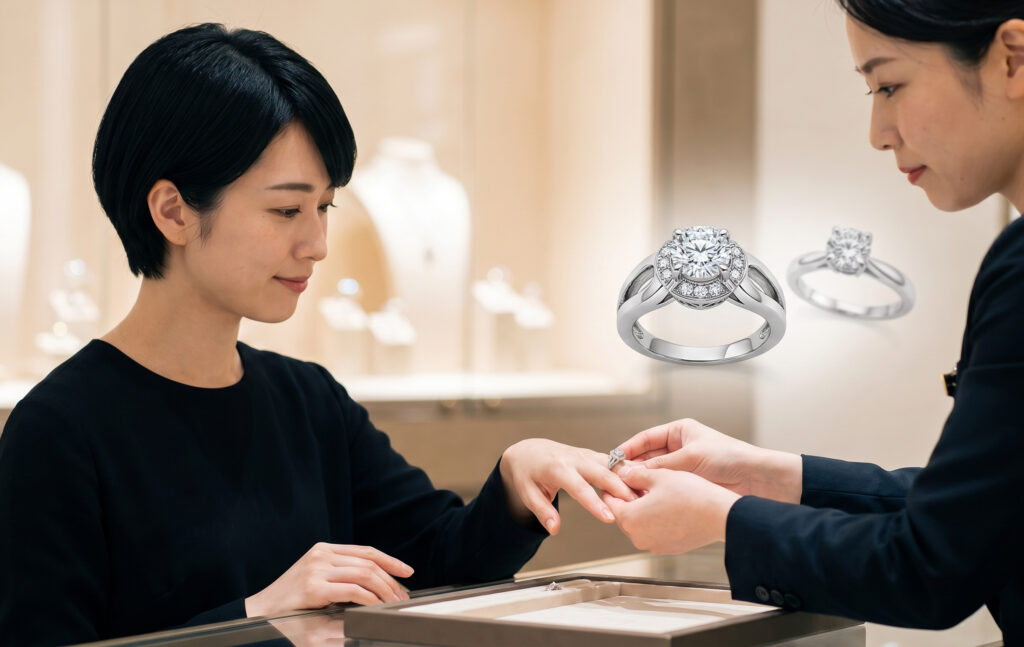 高級ジュエリーショップでブルガリの婚約指輪を試着する日本人女性。独特のデザインとボリューム感を確かめている様子