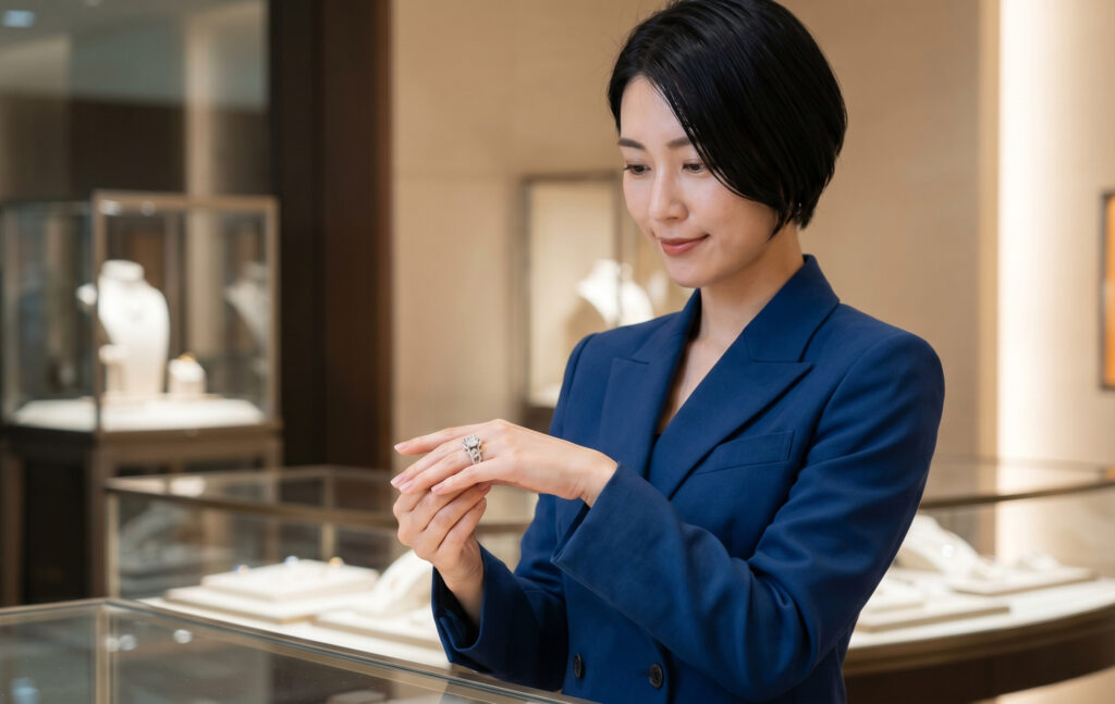 洗練された雰囲気の中、ブルガリの高品質なダイヤモンド婚約指輪を身に着け、自信に満ちた表情を浮かべる大人の日本人女性。世界五大ジュエラーとしてのステータスを感じさせる。