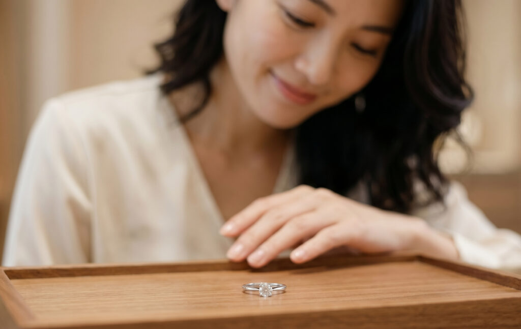 ブルガリのブライダルラインから、クラシカルで洗練されたシンプルな一粒ダイヤモンドの婚約指輪。派手すぎず上品な輝きを放っている。