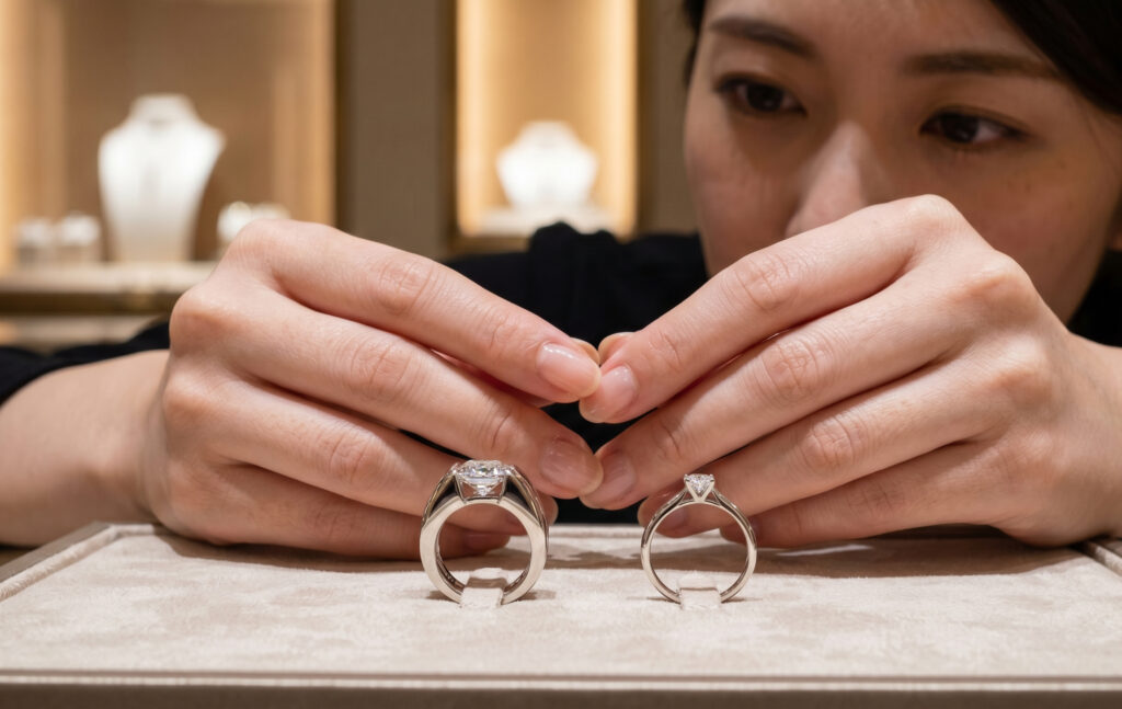 ジュエリーショップのカウンターで、ブルガリの個性的な婚約指輪と、他ブランドの華奢で王道なデザインの指輪を並べて真剣に比較検討する日本人女性の手元