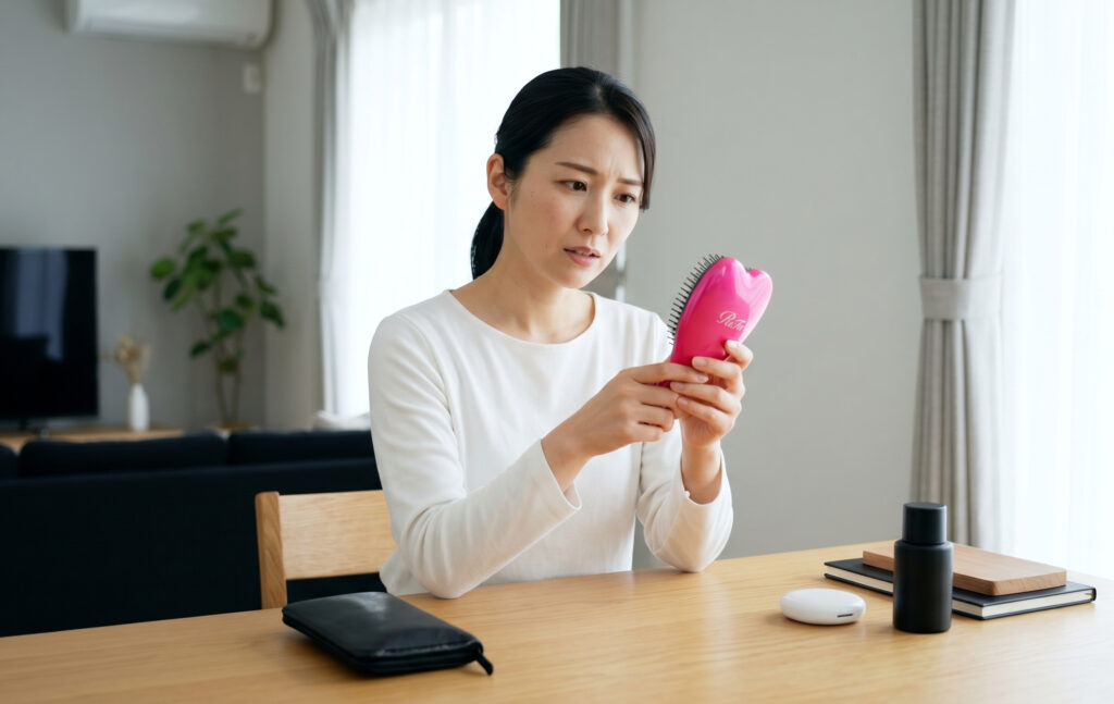 ミニマルでシックなインテリアを好む日本人女性が、自分の部屋に少し可愛すぎるピンクのReFa Heart Brushを見て、少し困惑したような表情をしている様子