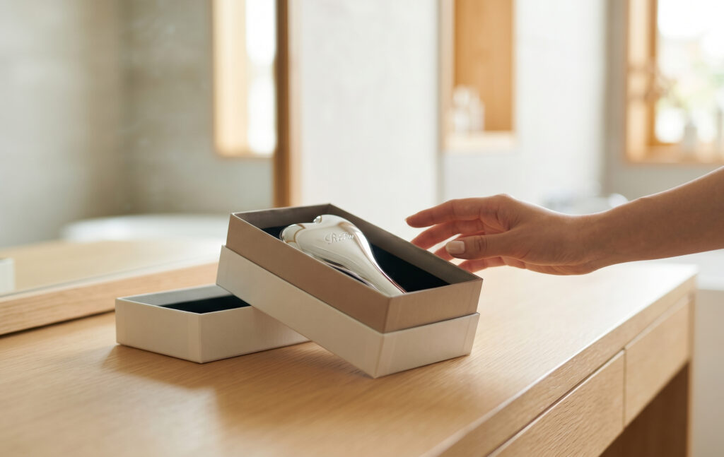 おしゃれなギフトボックスに入ったReFa Heart Brushに手を伸ばす、洗練された日本人女性の手元。暖かく心地よい光の中でのプレゼントシーン