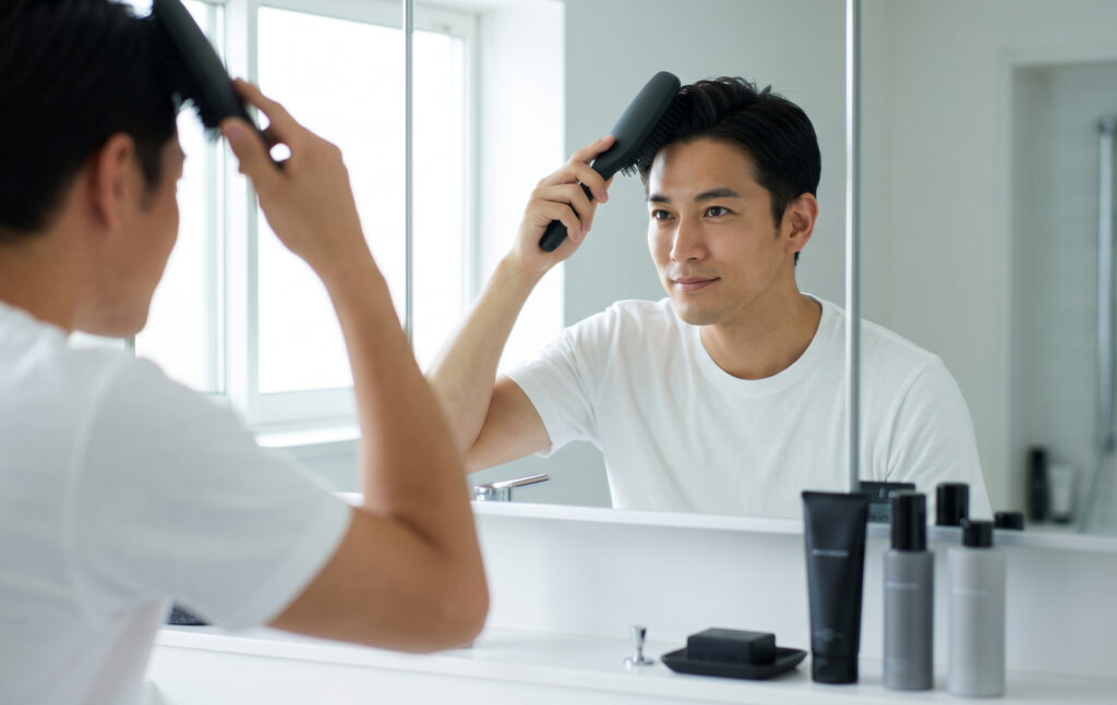 モダンで清潔な洗面所で、30代の日本人男性がマットブラックのシックなReFa Ale Brushを使ってヘアセットをしている、満足げな表情