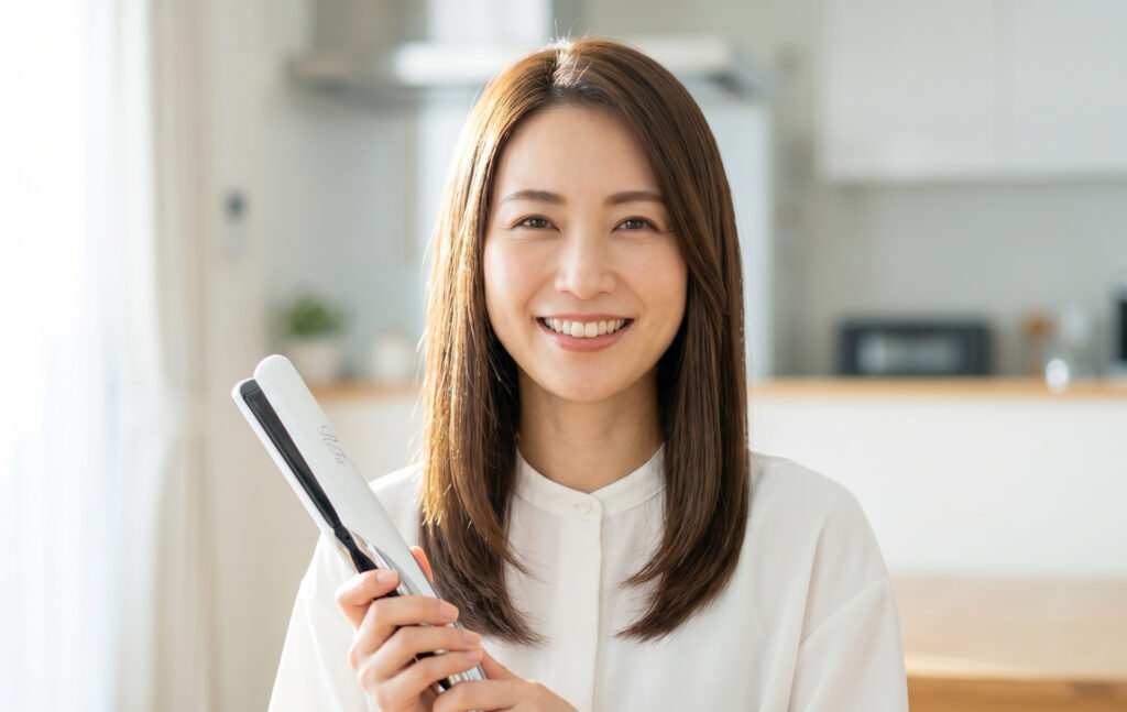 プレゼントされたReFaのアイテムを手に持ち、滑らかでツヤのある髪を披露しながら、自信と喜びにあふれた表情で微笑む30代の日本人女性