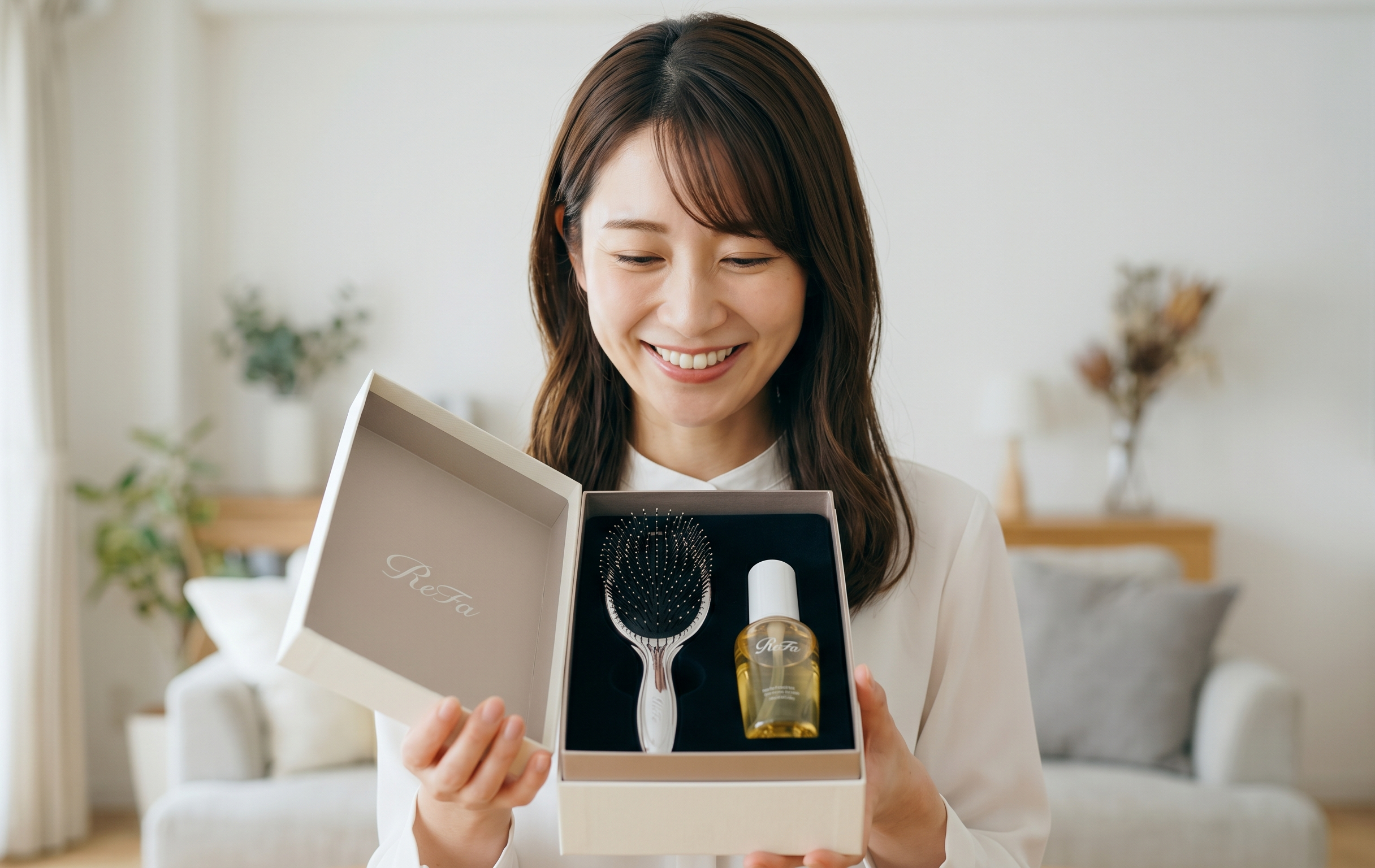 日本人女性が笑顔で、ReFaのブラシとヘアミストがセットになった豪華なギフトボックスを開け、その中身を見て喜んでいる瞬間