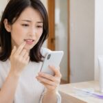 アクニーホワイトニングの口コミや効果をスマホで調べながら歯を気にする日本人女性