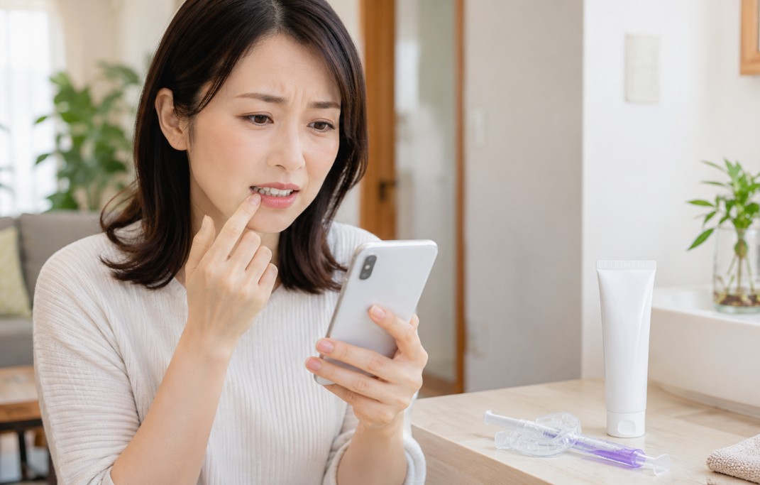 アクニーホワイトニングの口コミや効果をスマホで調べながら歯を気にする日本人女性