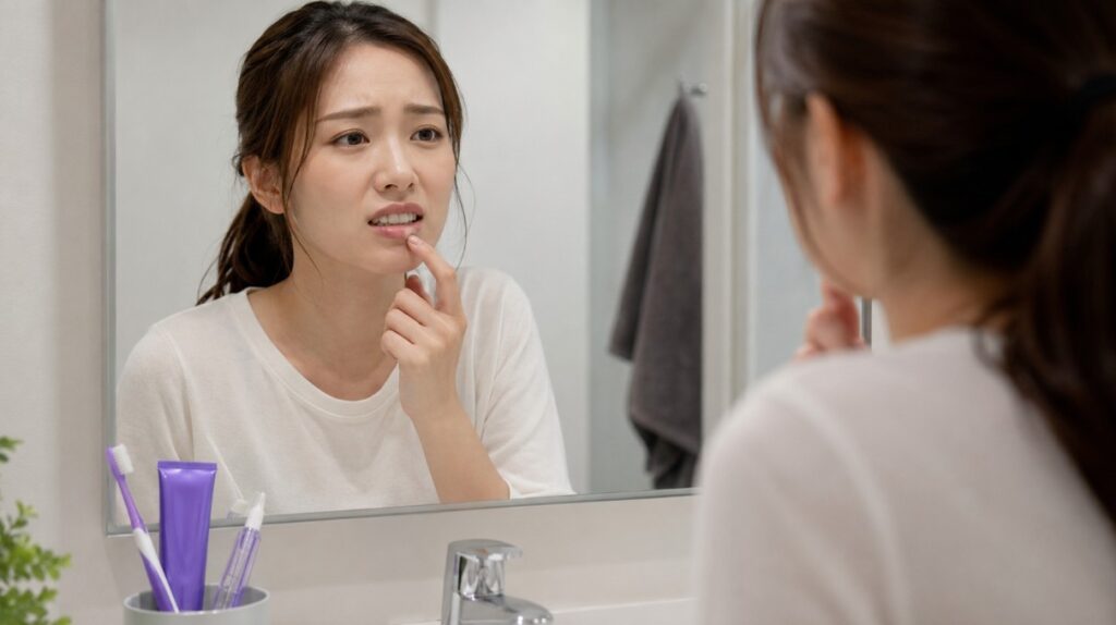 ホワイトニングを使っても思ったほど白くならず鏡の前で歯を確認する日本人女性
