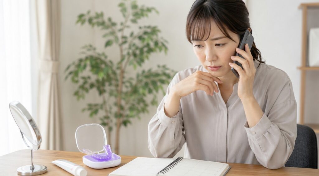 アクニーホワイトニングの定期便解約について電話で問い合わせる日本人女性