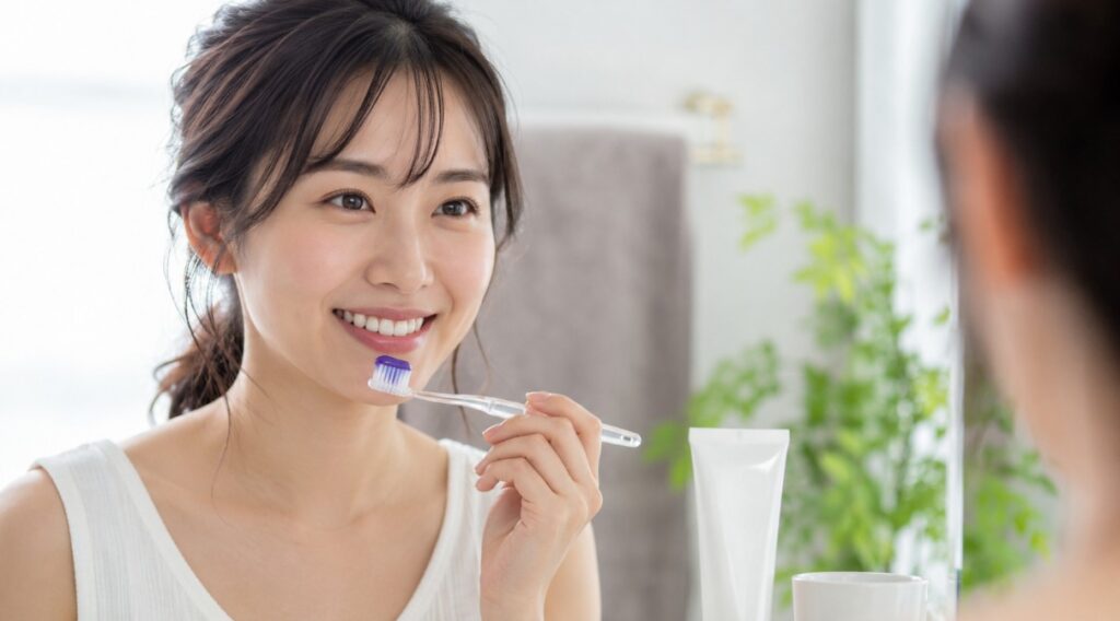 紫色のジェルを付けた歯ブラシで毎日のホワイトニングケアをする日本人女性
