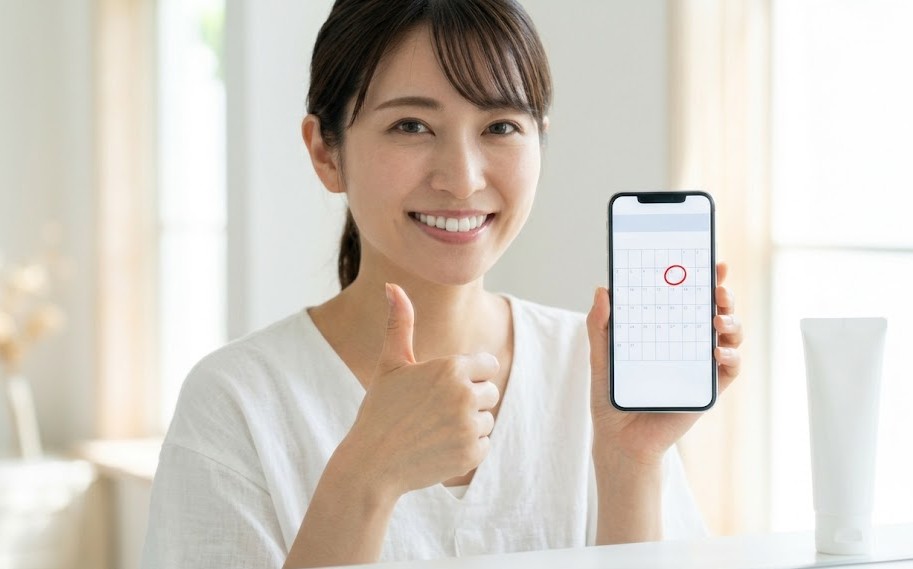 日本人女性が自信に満ちた笑顔で、グッドポーズをして、成功と安心を伝えている。