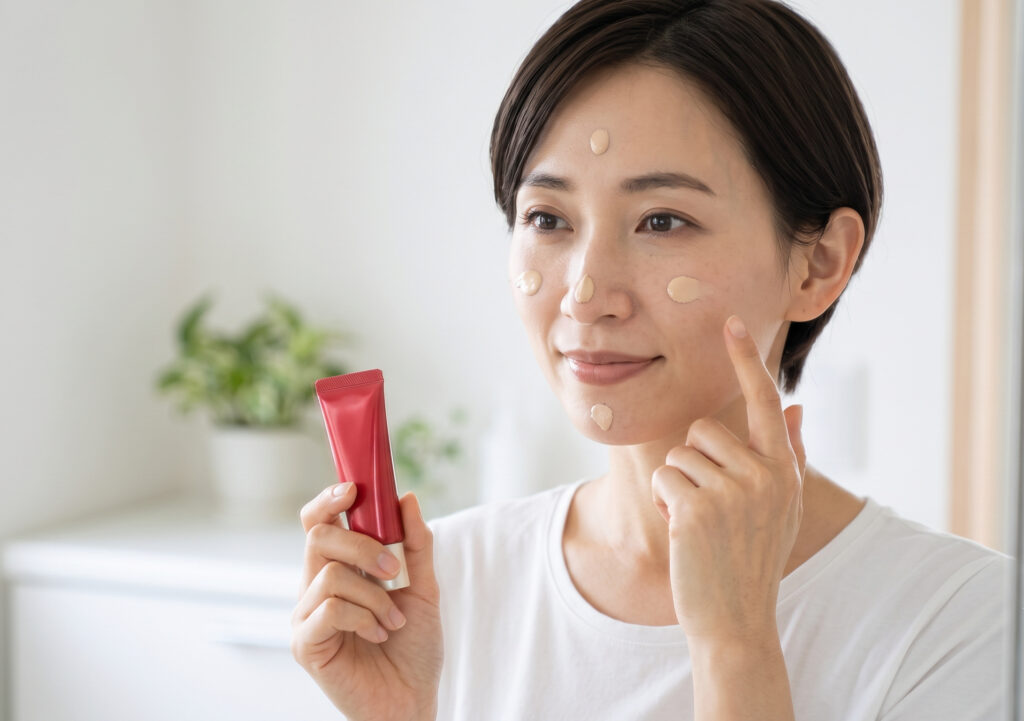 洗面台の前で、アスタリフトBBクリームを指先で顔に点置きする日本人の女性